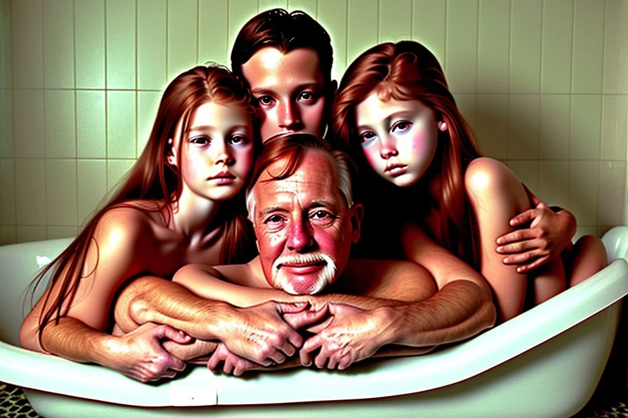 digital art of perfect auburn hair girls with dad in the bedroom in a bathtub with grandpa hugging bare lips