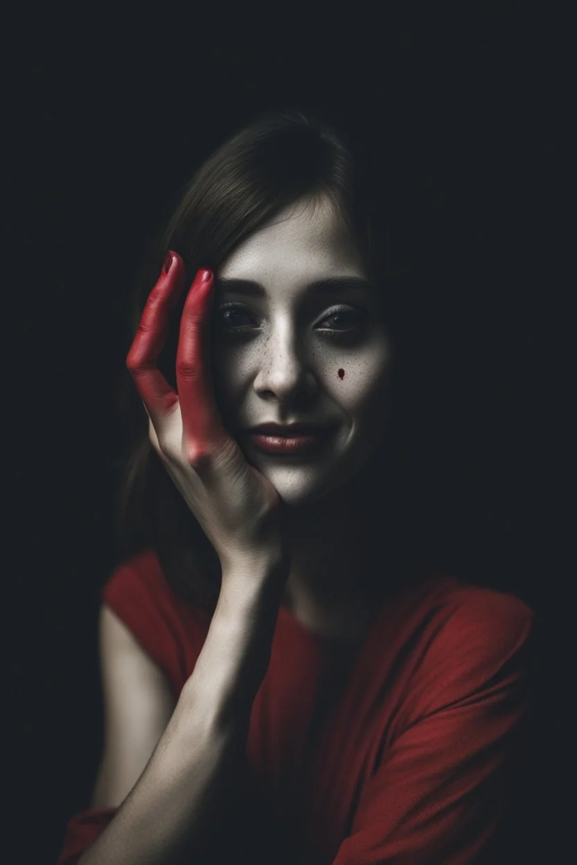 A photograph of a red hand with black eyes, covering part or all of her face and body while she smiles in an eerie way. The background is dark and the woman's expression adds to its mysterious allure. Her presence creates an atmosphere filled with unease and curiosity. --ar 29:44 --v 6. 0