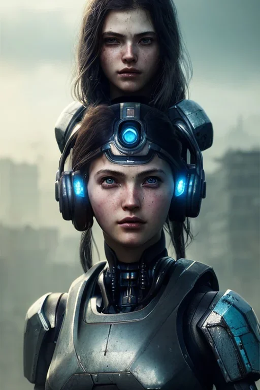 portrait,beautiful gunner girl robot, post-apocalyptic in a cyberpunk city, realistic, intriacte detail, sci-fi fantasy style, volumetric lighting, particales,highly detailed,cinamatic, deep