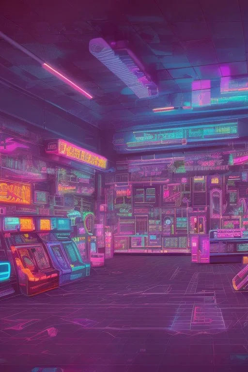 A dark photo of a full panoramic view an 80's aesthetics arcade at night, with a lot of functioning arcade machines, a vaporwave floor and some colorful tiles in between the floor. Purple aesthetics. Full panoramic view