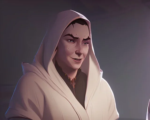 A white hooded robe covers a woman with sleepy eyes and a smile. Behind her, there is a shadow of a tall man smiling and grabbing her shoulders