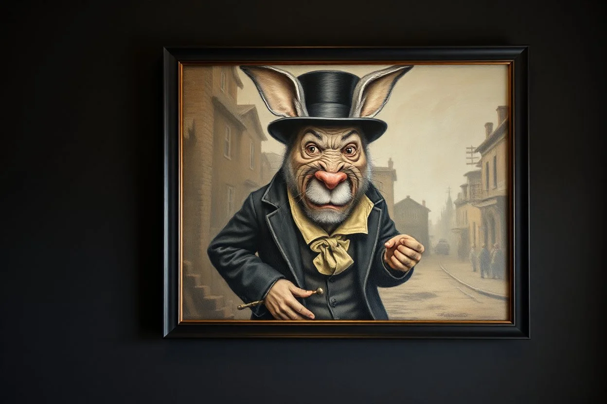 Real Charlie Chaplin and town major troll mouse rabbit in style of Rembrandt and Fallout 4, with motion blur, all on a painting on wall with black wooden frame and with black wall background