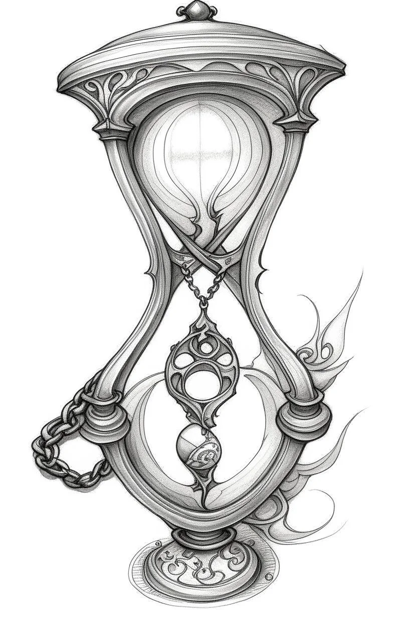 A sketch of a magical locket filigreed with silver in the shape of an hourglass made of bone