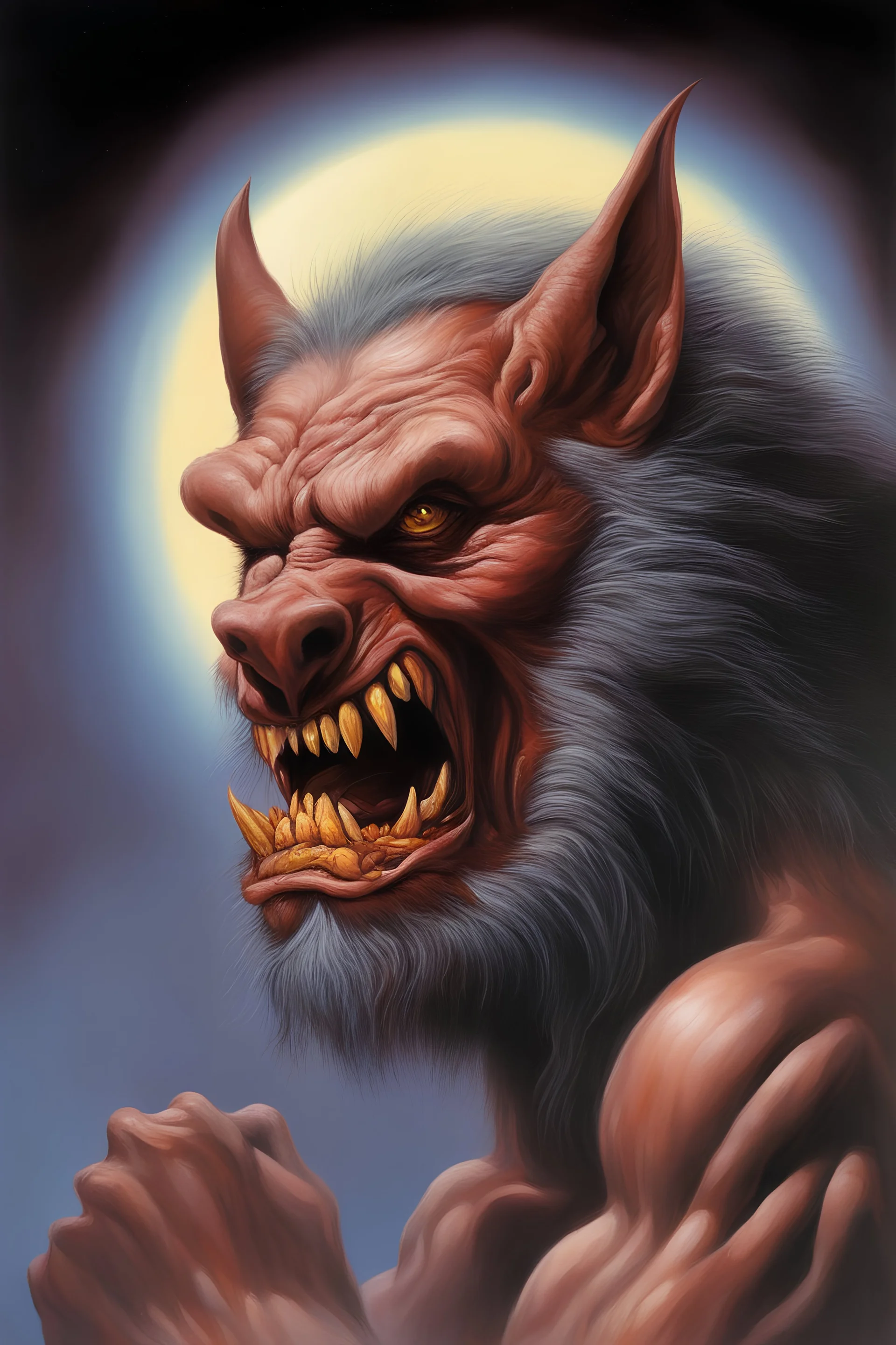 in the dead of night the bright moon shines down on a giant, extremely colorful werewolf facial portrait, acrylic on canvas, in the art style of Boris Vallejo,