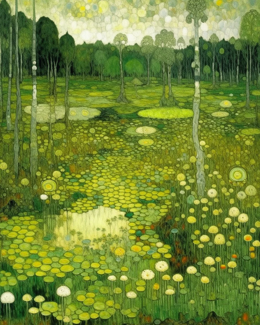 A light yellowish green swamp with bugs in daylight painted by Gustav Klimt