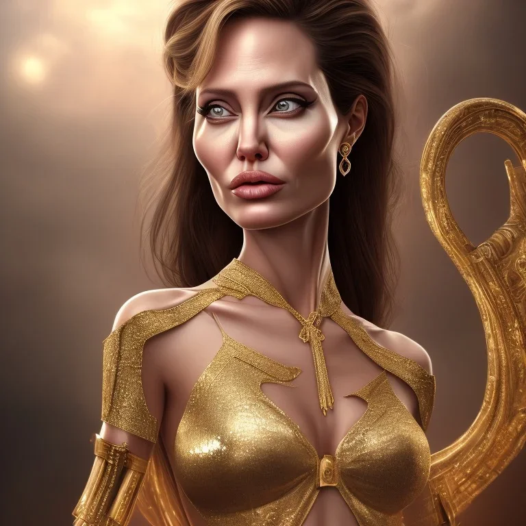 angelina jolie, rosto detalhado, roupa dourada deusa athena, muito realista, muitos detalhes, 4k