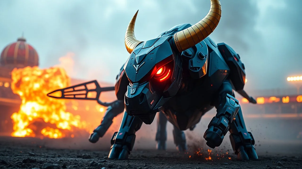 an advanced robot bull, with weapons, red led eyes, black color, golden horns, angry, in a bullring, fire and storm