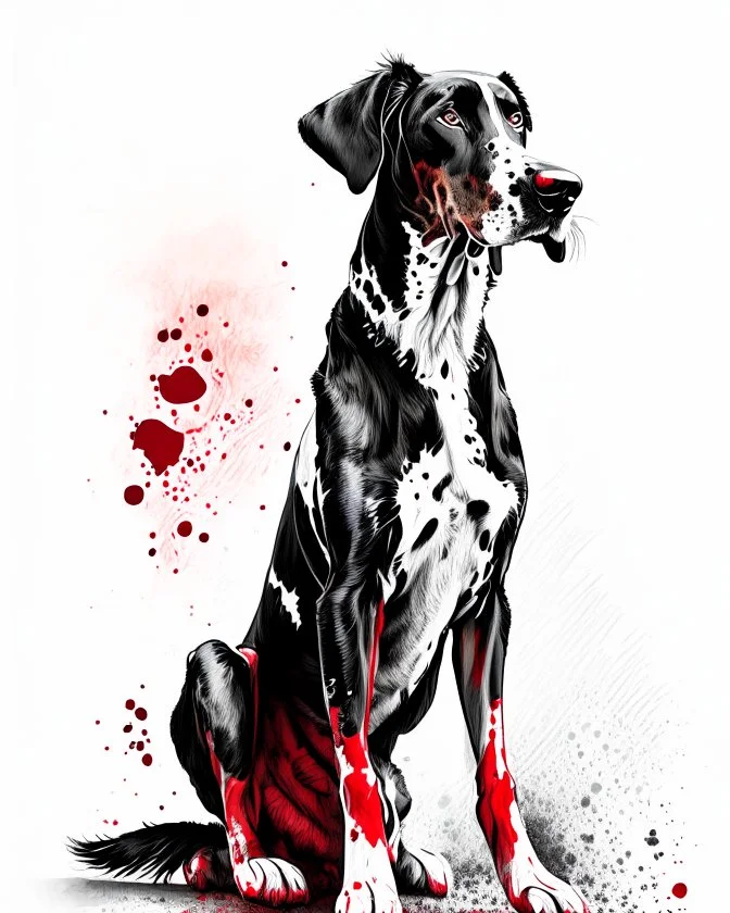 Dóberman dog sitting, front view, full body, ink lineart red white black