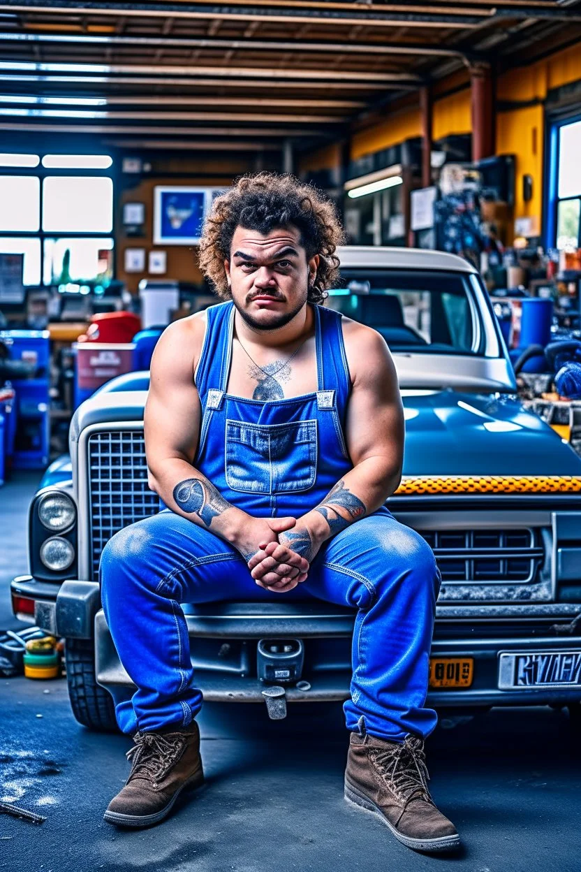 full figure shot photography of a short ugly hefty burly dirty chubby hairy angry man italian 26 years old, short curly hair, shirtless, tattoo, manly chest with bulging opened overalls, angry eyes, inside a mechanical workshop under the sun sitting on the hood of a car, open legs, photorealistic, ambient occlusion, side light , frontal view from the floor