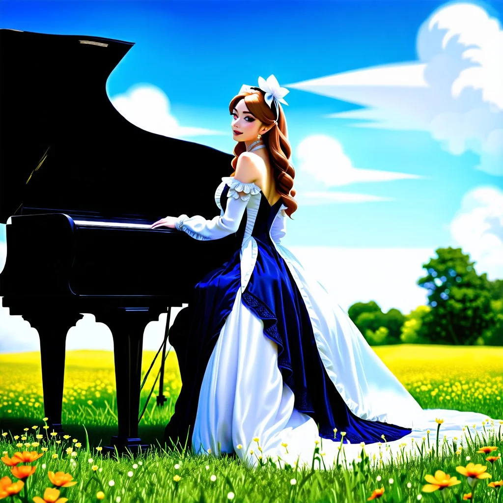 fullbody girl makeup wearing a victorian dress sitting to a grand piano in country side ,flowers ,pretty clouds in blue sky