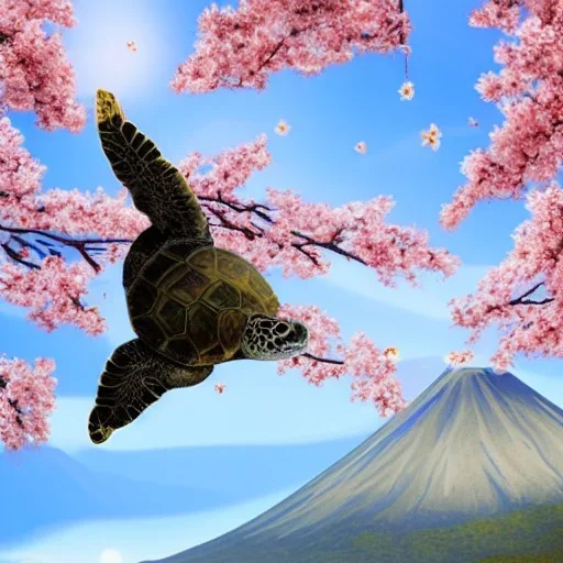 Turtle and Mount Fuji and cherry blossoms