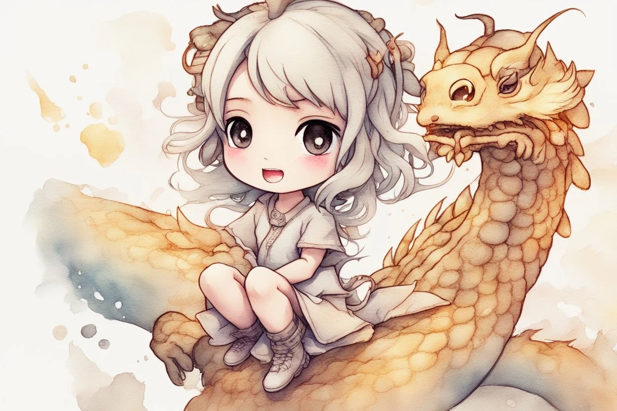 a cute anime chibi princess sitting on a wild chinese dragon and dynamically riding it, melting watercolor and black ink outlines on wet paper, soft, shading strokes, in sunshine, ethereal, otherwordly, cinematic postprocessing, bokeh, dof