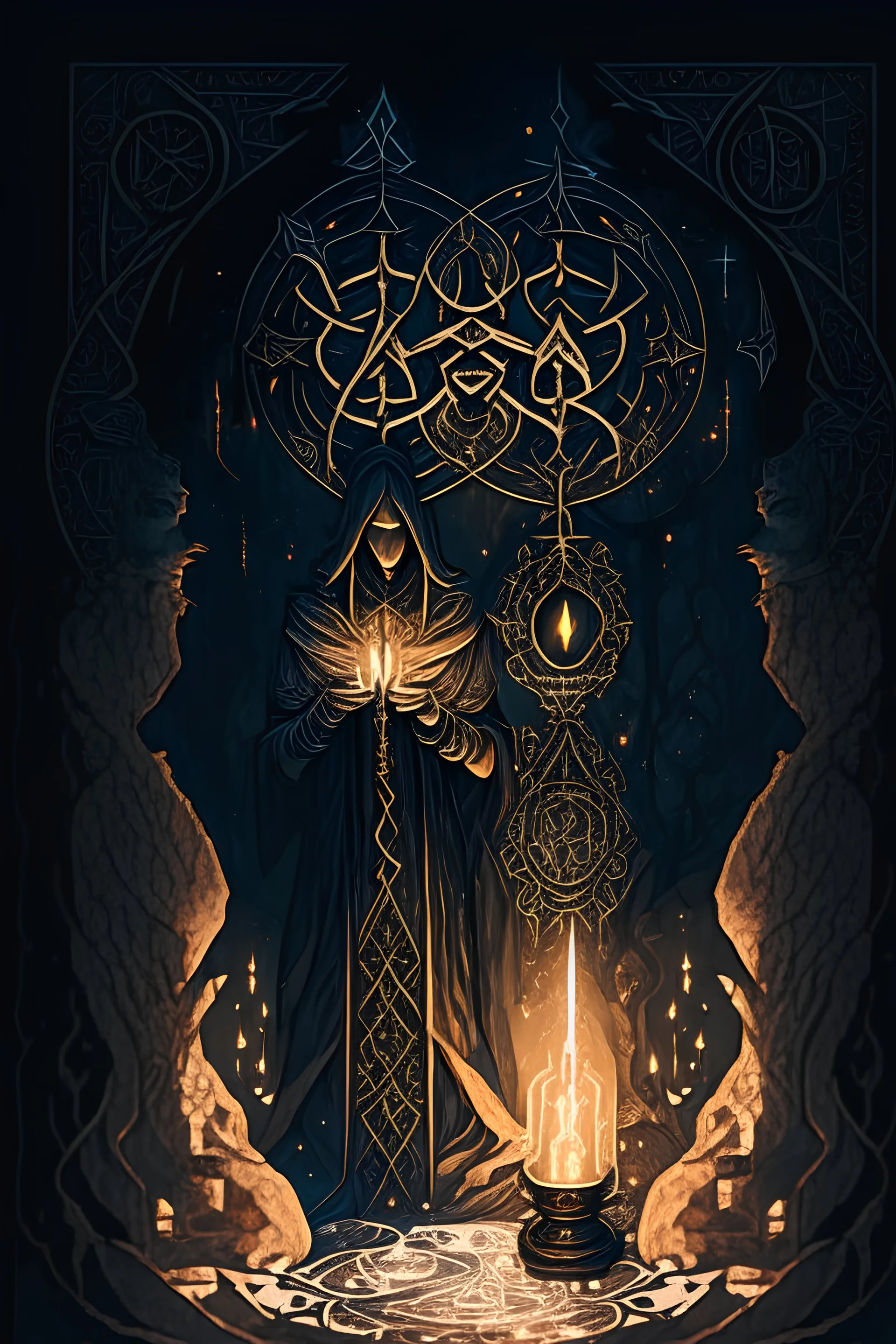 Delve into the mysterious and enigmatic world of the occult with a captivating digital illustration that explores esoteric symbols and mystical elements. Create a scene where an occult practitioner, adorned in intricate robes and surrounded by arcane artifacts, performs a ritual in a dimly lit chamber. The atmosphere is charged with mystical energy, as candles cast flickering shadows and the air is heavy with incense. Intricate sigils and symbols adorn the walls, while ancient grimoires and spel