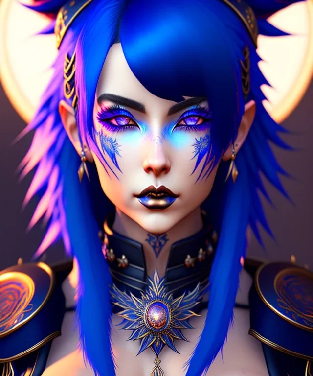 miqo'te character, wild blue hair, ominous, facepaint, waist up portrait, intricate, oil on canvas, masterpiece, expert, insanely detailed, 8k resolution, retroanime style, cute big circular reflective eyes, cinematic smooth, intricate detail, soft smooth lighting, soft pastel colors, painted Renaissance style