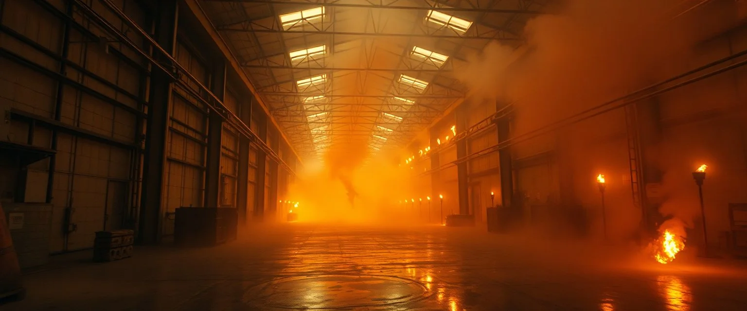 A cavernous industrial warehouse becomes a fever-dream carnival of fire and smoke, lit exclusively by erratic strobes and the orange glow of unpredictable blazes. The world is drenched in soot, haze, and manic energy — walls drip with condensation, fire extinguishers become absurd props, and every surface reflects the flicker of flames being born and killed in seconds. The visual journey spirals from controlled chaos to full unhinged delirium, with the camera lurching and spinning as if possesse