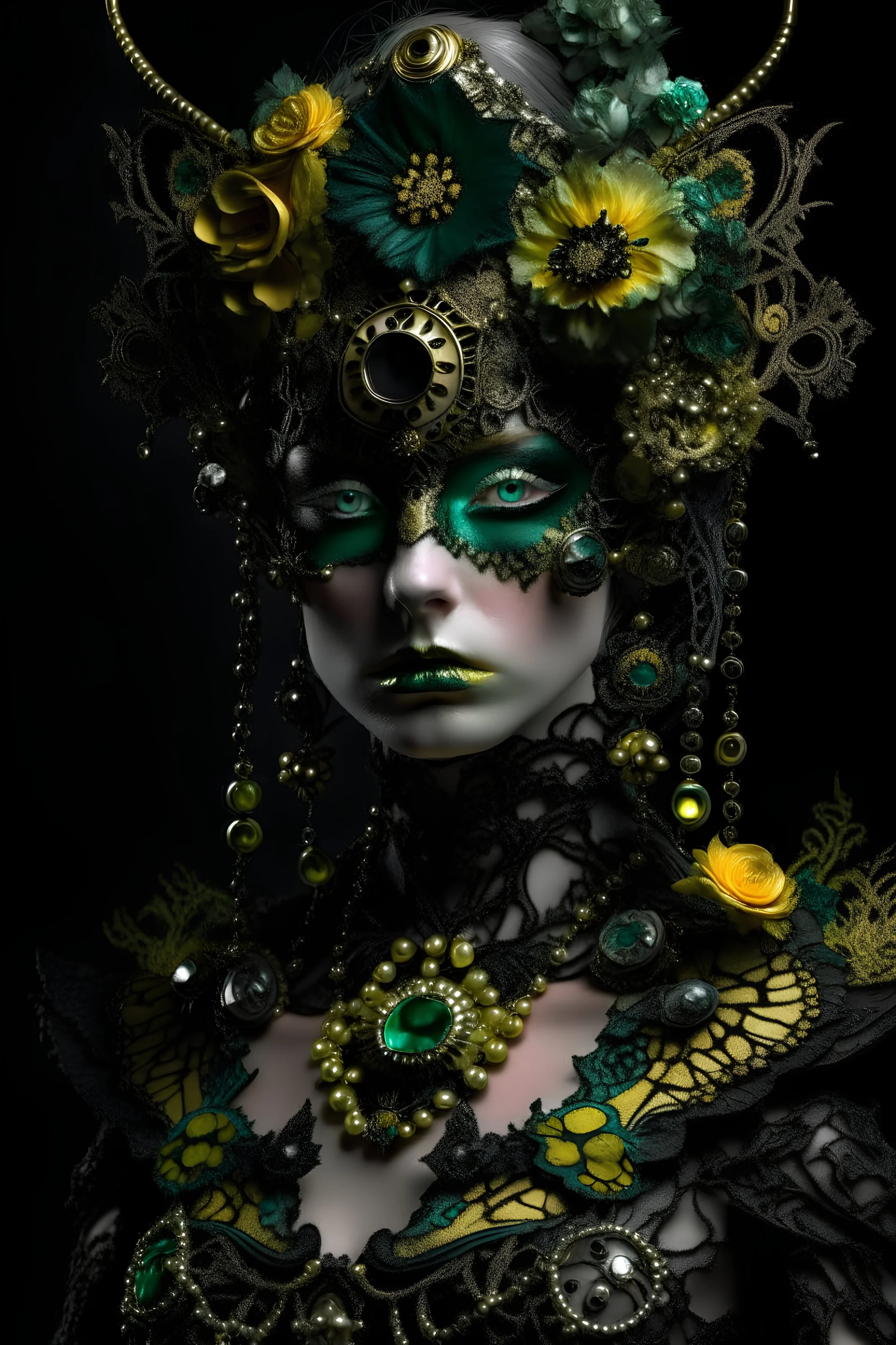 Beautiful faced young malachite ribbed face masque cyberpunk filigree decadent európean woman, adorned with decadent black a rose deco punk and black iris,hydrangea floral yellow opal, black onix, obsidian rombus shape rmineral stone ribbed headress wearing black lace ribbed with white opal stone mineral and embossed floral costume dress, golden and white and black colour gradient Dusty makeup filigree organic bio spinal ribbed detail of gothica decadent dark cyberpunk shamanism