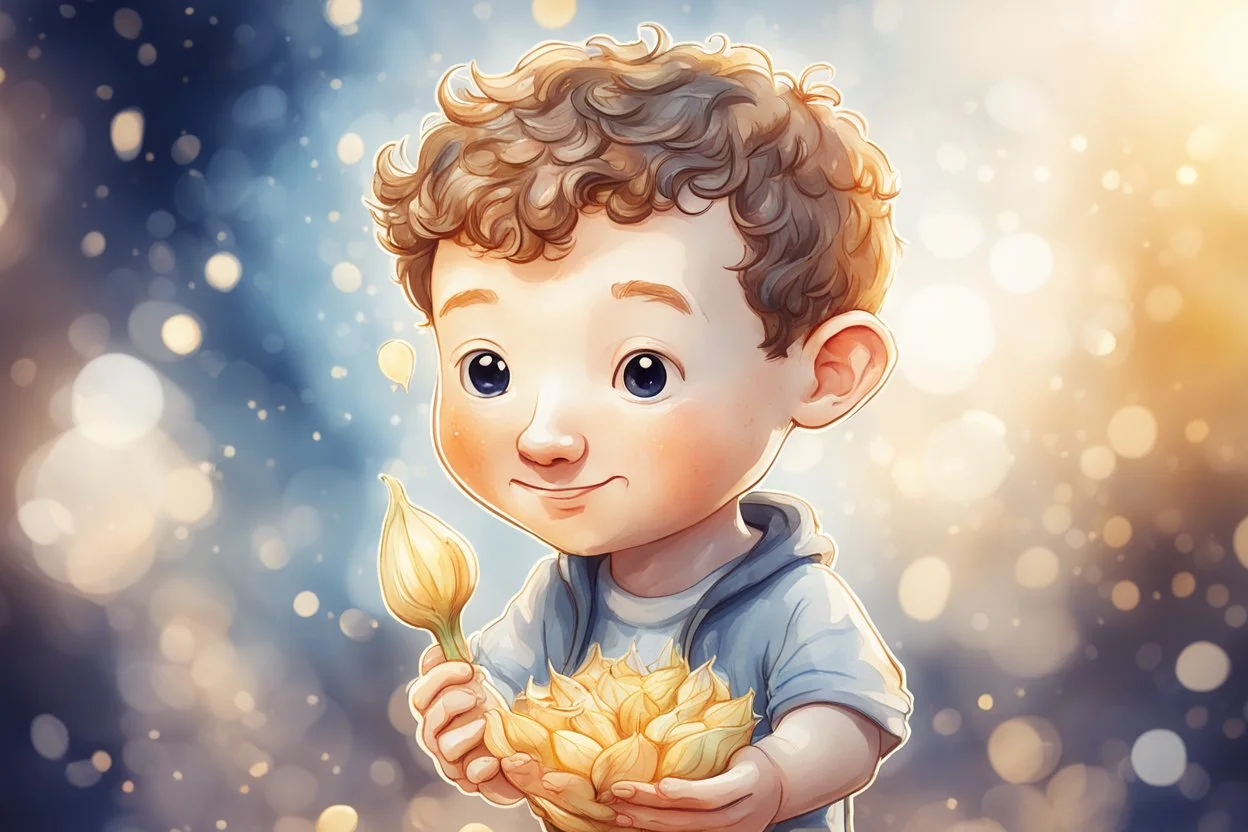 cute chibi mark zuckerberg with a big garlic in sunshine, watercolor and black in outlines, golden glitter, ethereal, cinematic postprocessing, bokeh, dof