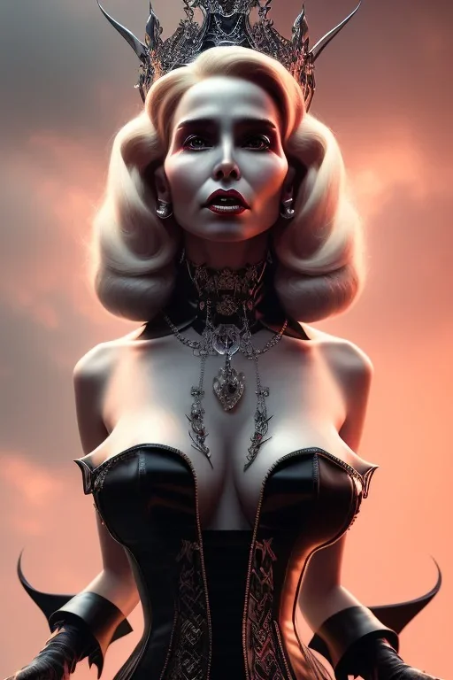 Constance Langdon as evil queen in black leather, leather, busty, cleavage, angry, stern look. character design by cory loftis, fenghua zhong, ryohei hase, ismail inceoglu and ruan jia. unreal engine 5, artistic lighting, highly detailed, photorealistic, fantasy