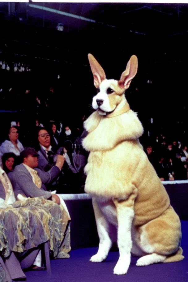 1990 dog show the winner is a "half human rabbit combined animal::40", realistic (film Color Mission 200::10) photo from old disposable camera , grainy photo