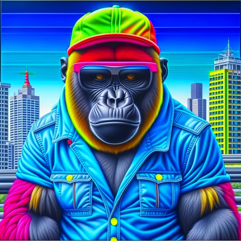 Hermoso dibujo a lápiz coloreado de gorila con chaqueta, gorra y anteojos de playa, obra de arte, calidad ultra, maximalista, 12k , fondo de ciudad