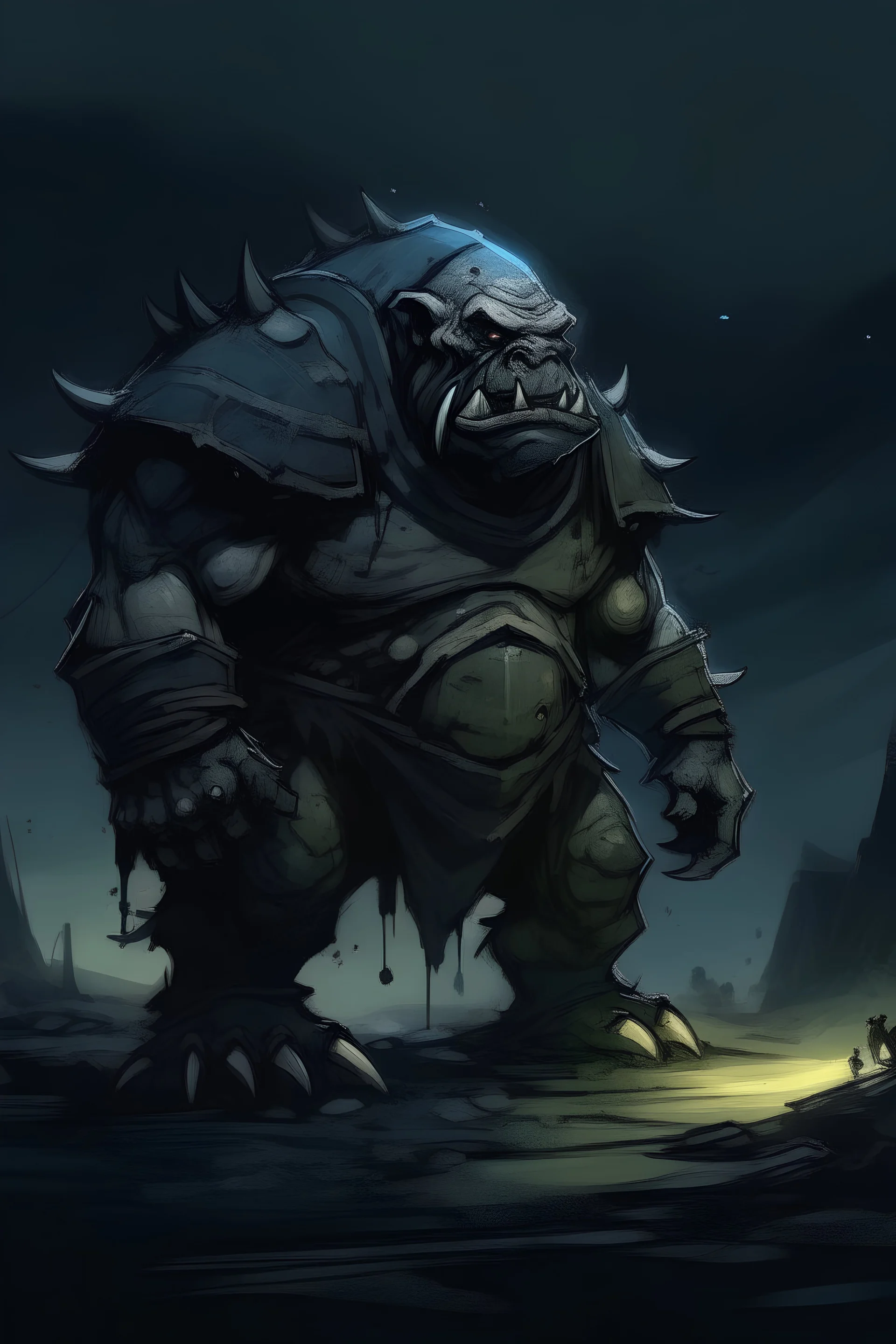 an armored troll, in the middle of a battlefield, night, painterly, sketch lines