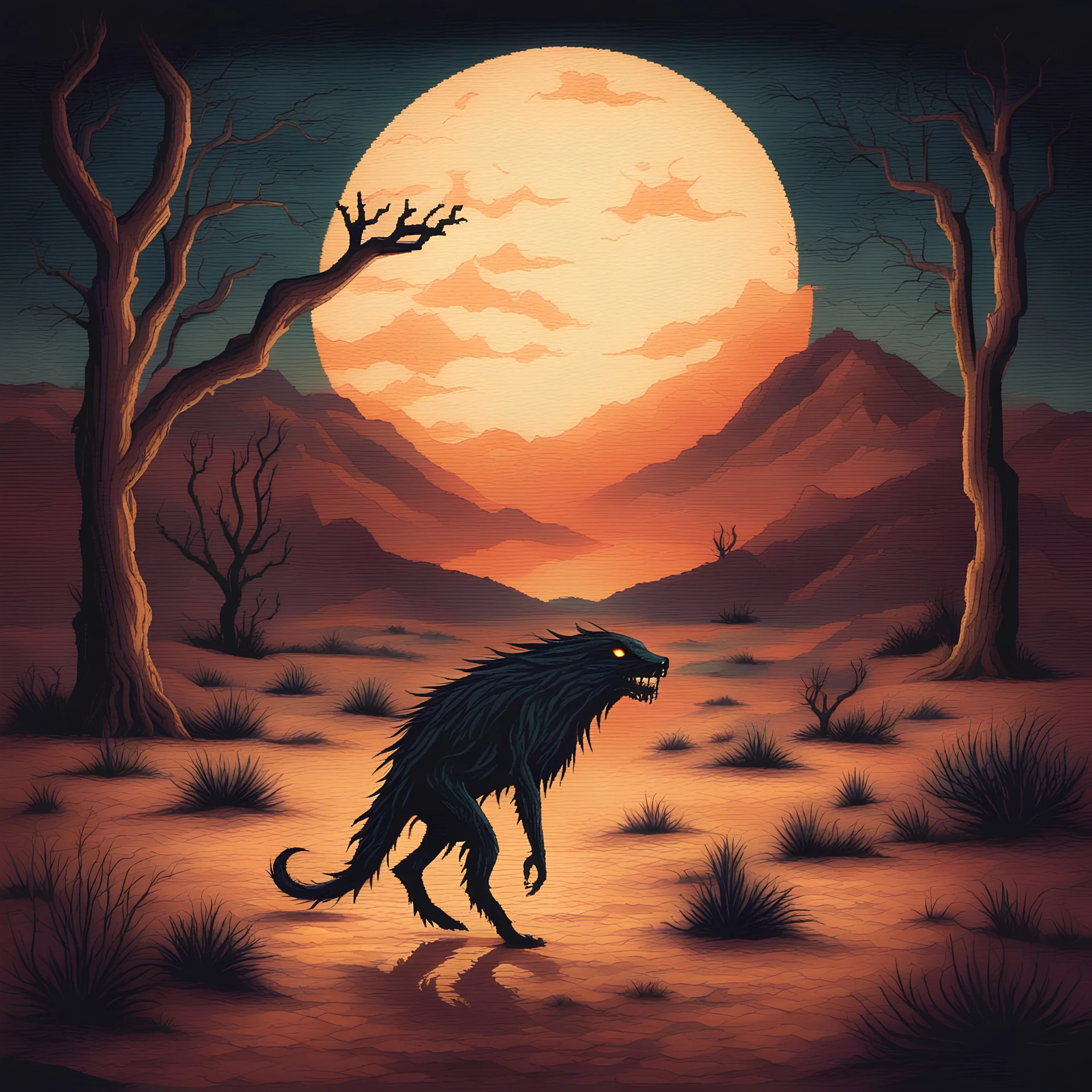 Skinwalker in eerie night, in cross stitching art style, background desert