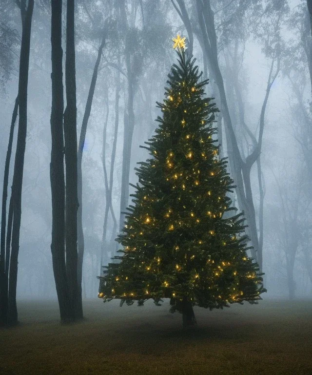 christmas tree in a misty swamp