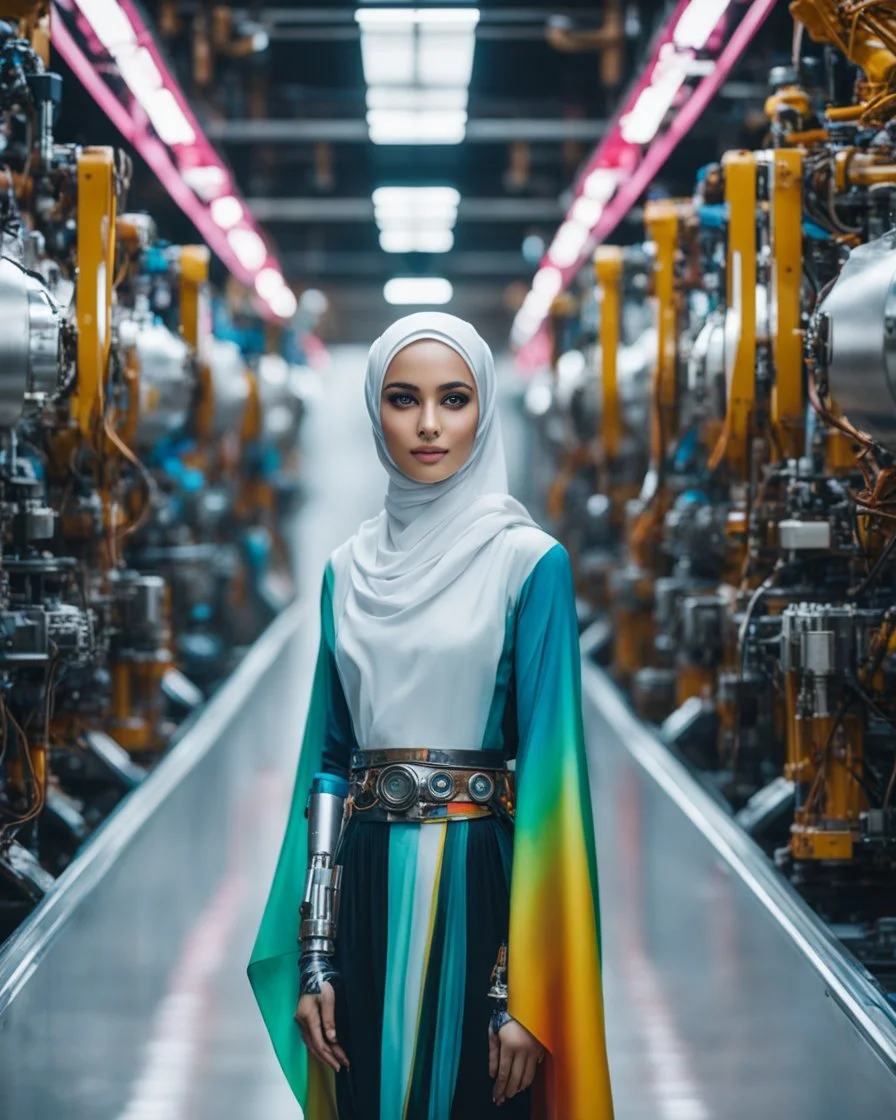 potrait cinematography colors a beautiful woman hijab humanoid robot mechanical walking in between two rows of complex machinery with vibrant colors