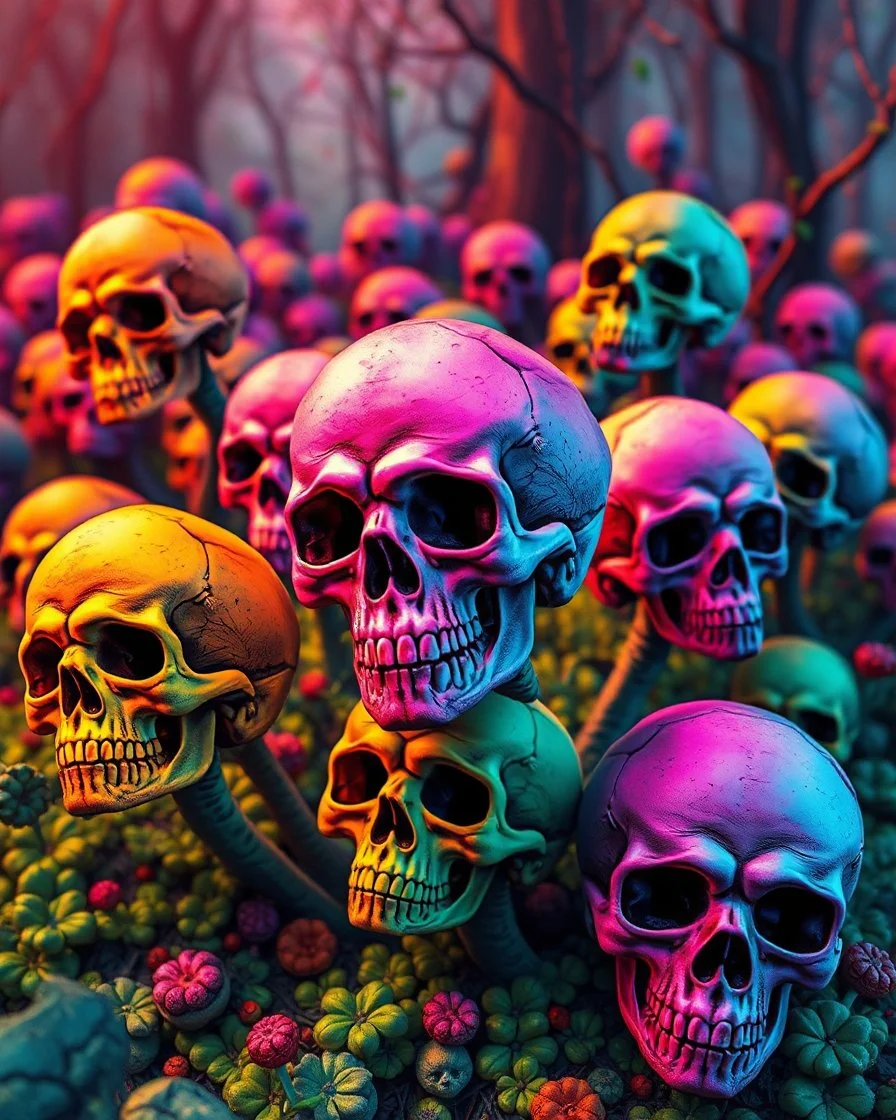 a field of skulls growing from the ground like fungus, multi colored, bright, vivid, psychedelic high detailed, matte, bunches and bubbled up clumps, horrorcore, vines