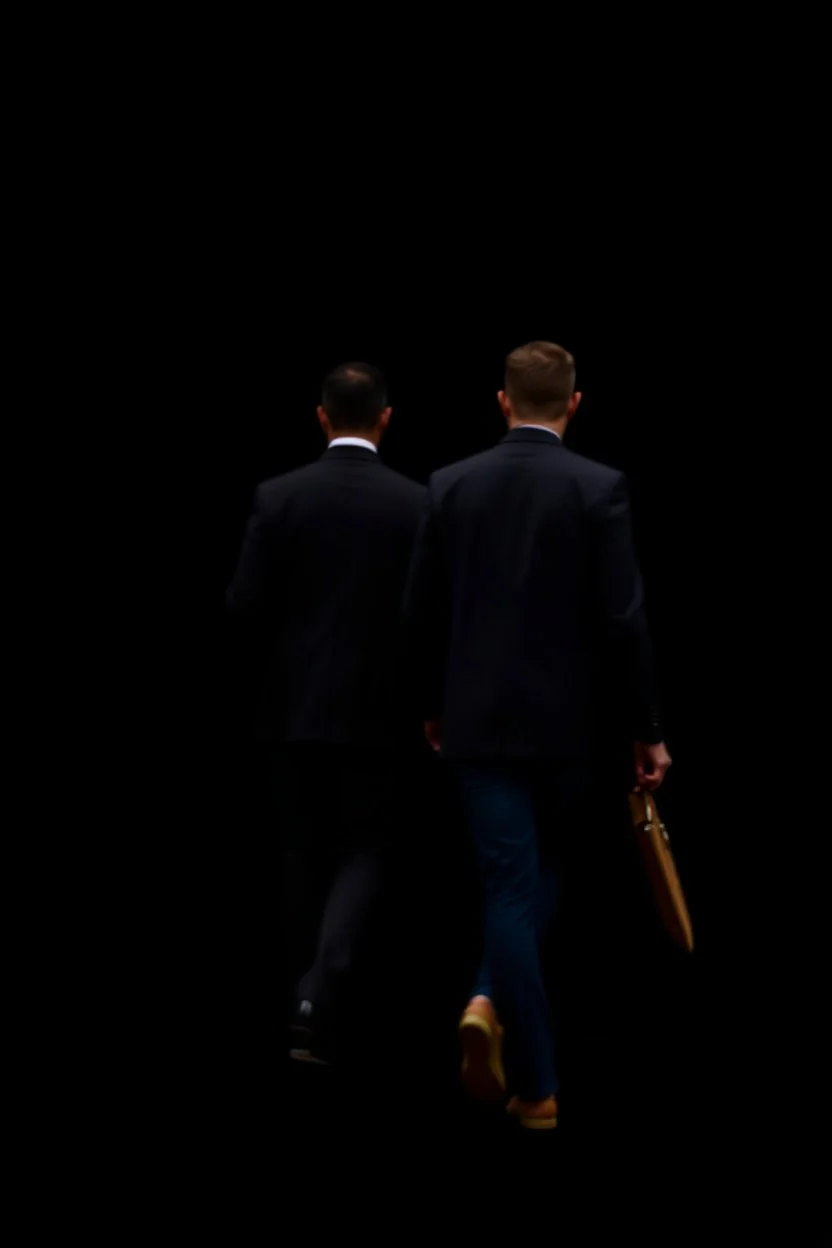 two men walking away. slightly blurry. full body. solid black background