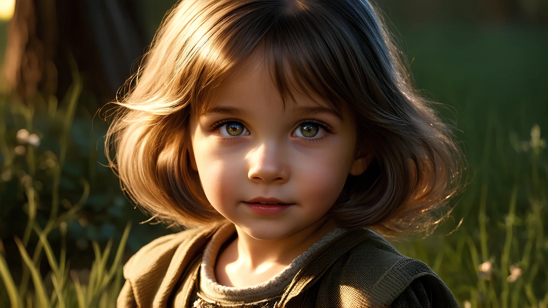 Thoughtful calm happy 2-year-old hobbit girl, engaging, confident, peaceful, aware, intelligent, cheeky, showing her head and upper body, perfect eyes, perfect anatomy, exquisite composition, beautiful detailed intricate detailed octane render, 8k artistic photography, photorealistic, soft natural volumetric cinematic perfect light, chiaroscuro, award-winning photograph, masterpiece, raphael, caravaggio, bouguereau