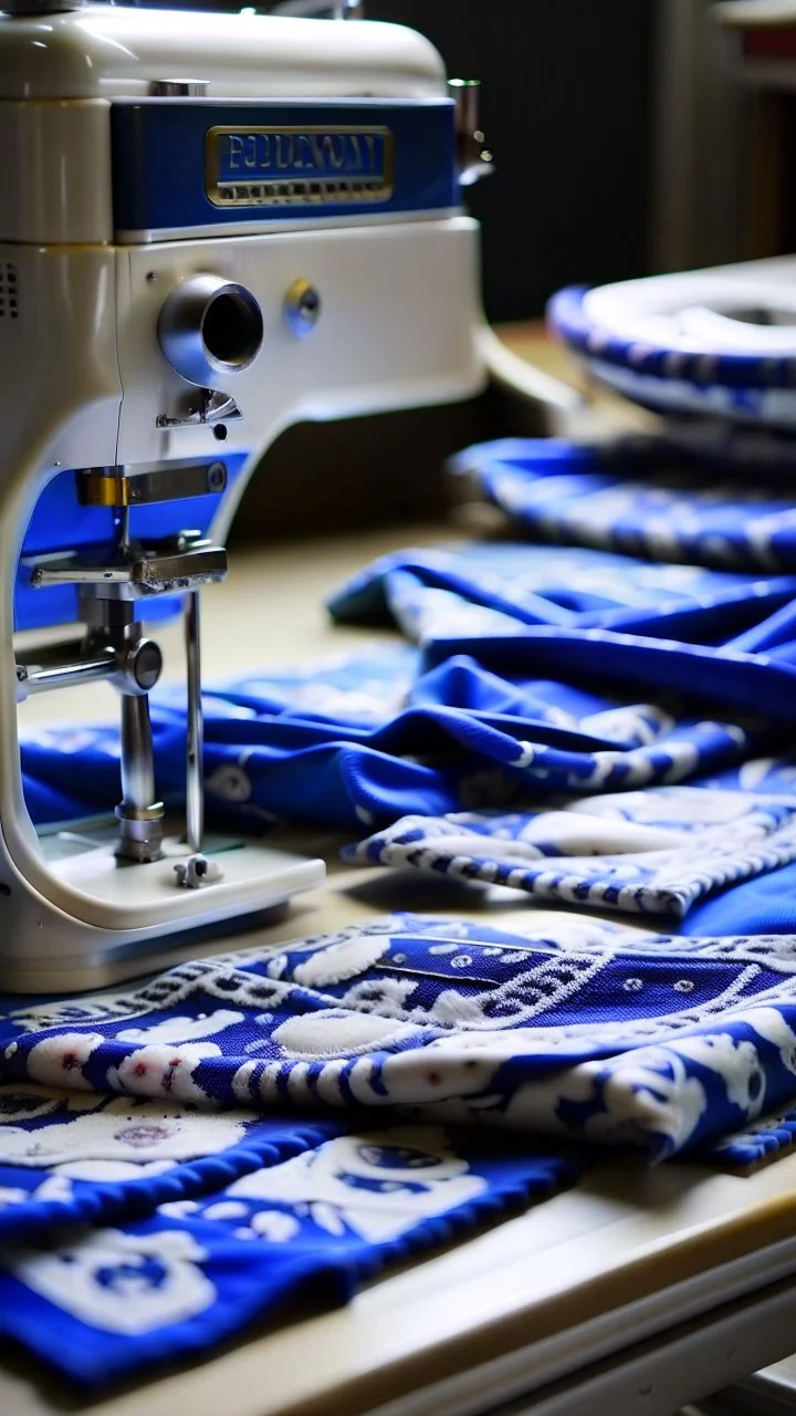 sewing aesthetics, blue, white, sewing machine, fabrics