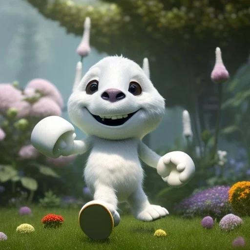 pixar style, volumetric summer garden environment and background, realistic painting of a marshmallow man smiling, looking excited, detailed digital painting, extreme dense and fine fur, anime, ornate, colour-washed colors, elegant, small minutiae, tiny features, particulars, centered, smooth, sharp focus, renderman gofur render, 8k, uhd, detailed eyes, realistic shaded volumetric lighting, sunlight caustics, backlight, centered camera view