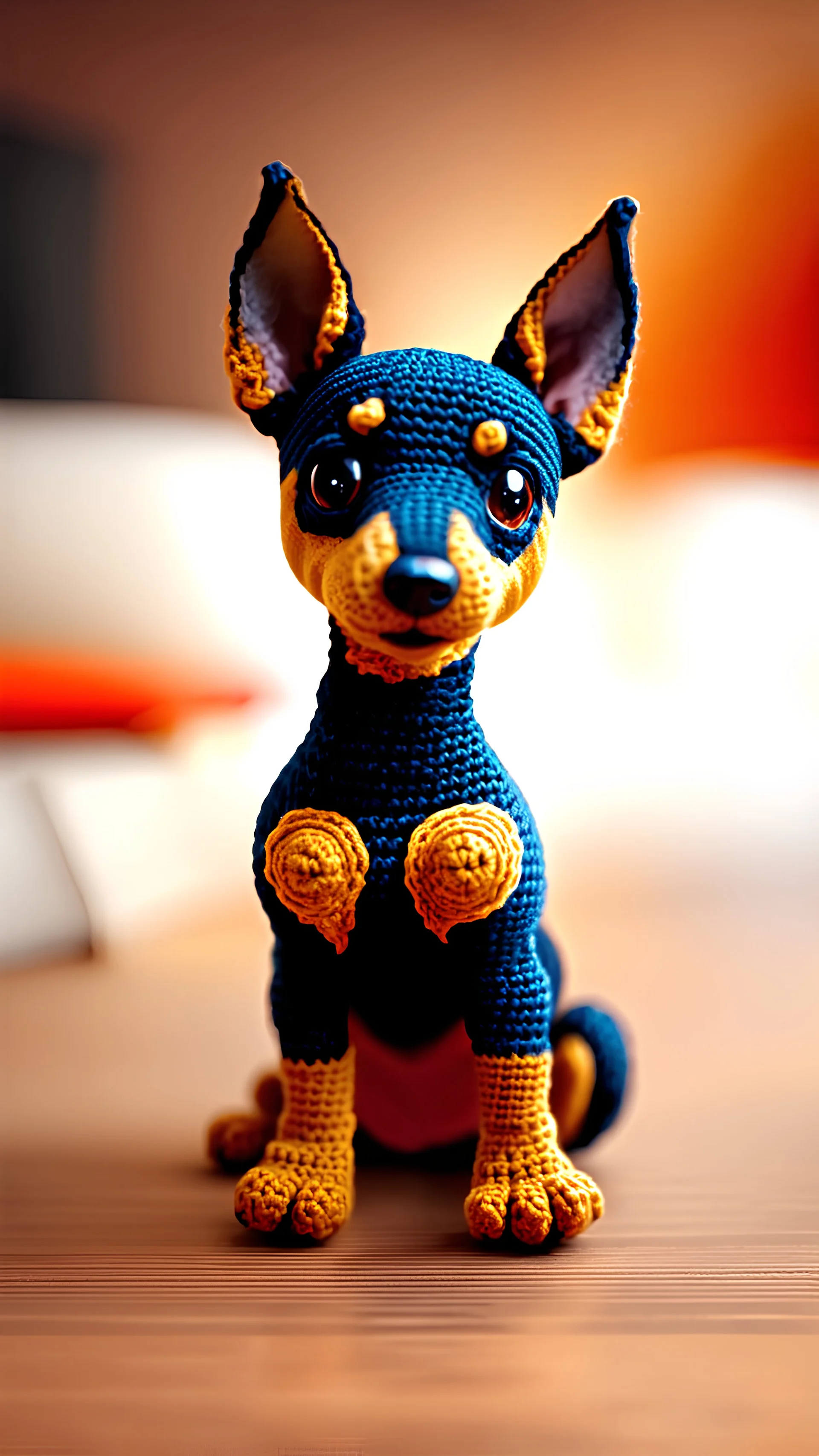 A visually enchanting 4K photograph featuring a lovable, Pixar-inspired miniature pinscher puppy, expertly crafted in a whimsical and vibrant cartoon style. The puppy, adorned with soft fur and expressive features, is masterfully rendered in a lifelike 3D amigurumi crochet design, which captivates viewers with its irresistible charm. The background is filled with warm, inviting colors and a 3D render, creating a cinematic atmosphere that further accentuates the puppy's enchanting appeal. This ir