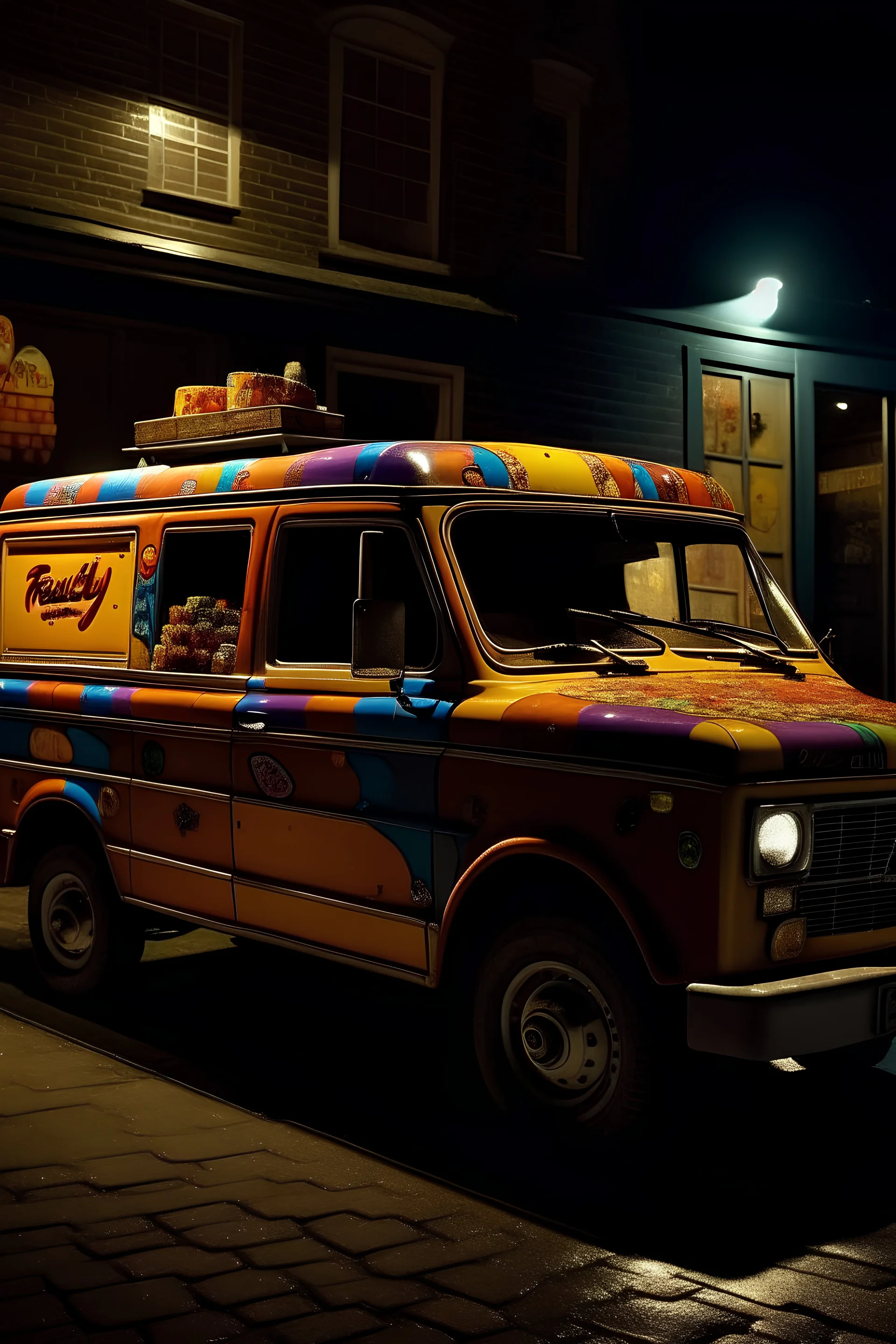 Ford van with free candy painted on the side at night under a street light.