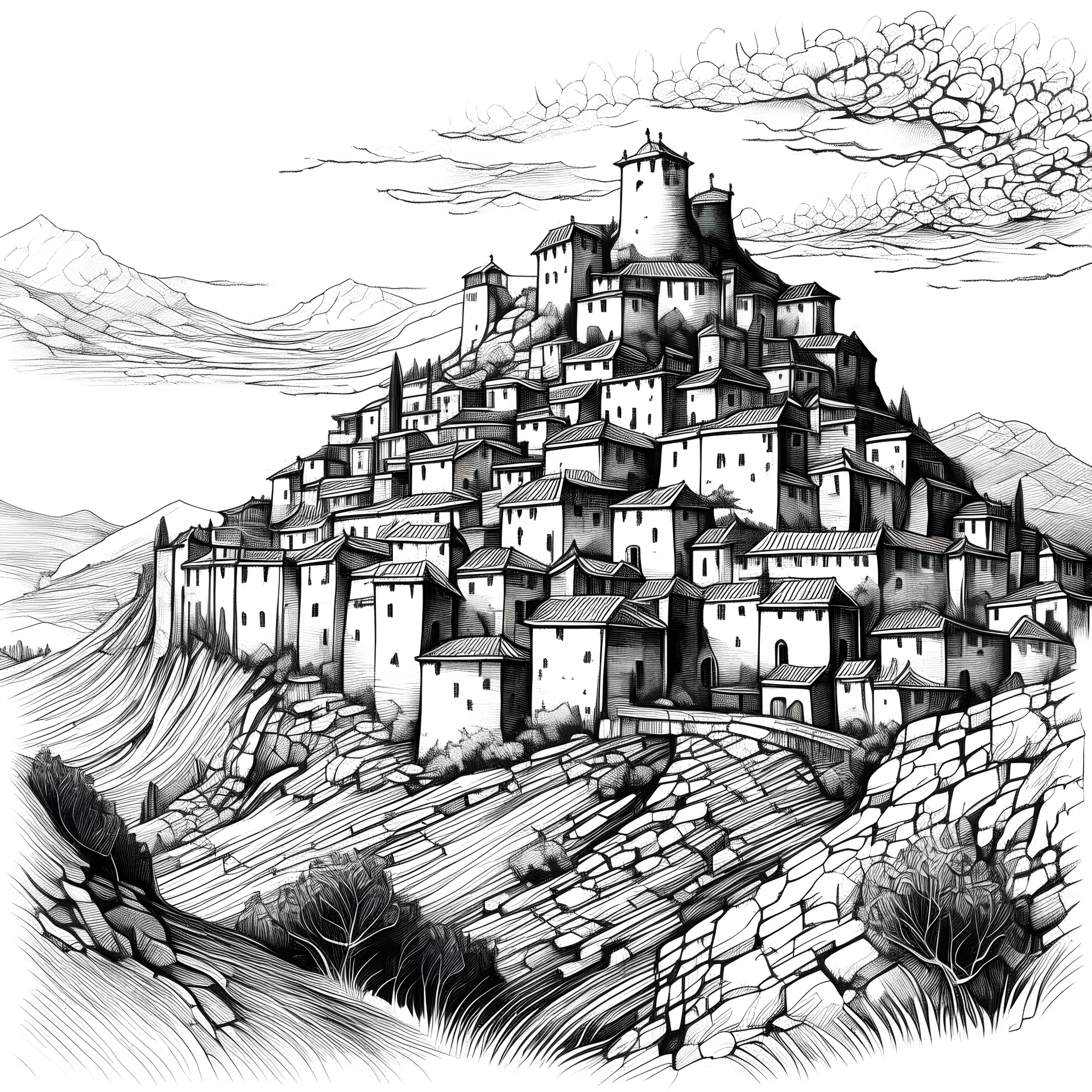 A walled town in a mountain. Pen sketch, black and white. HD