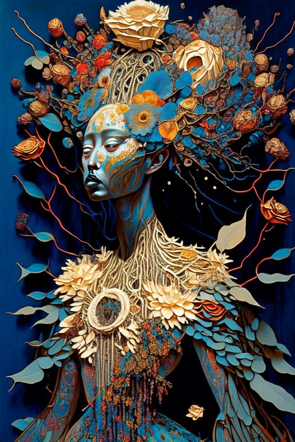 The surreal picture entitled "Queen of the damned" depicts an Ethereal woman wearing an intricately detailed gown made of quilling made of objects from nature who has flowers cascading down from the top of her head", hyper-detailed, constructivism, stunning, dynamic, Victo Ngai, Michelangelo, Dali