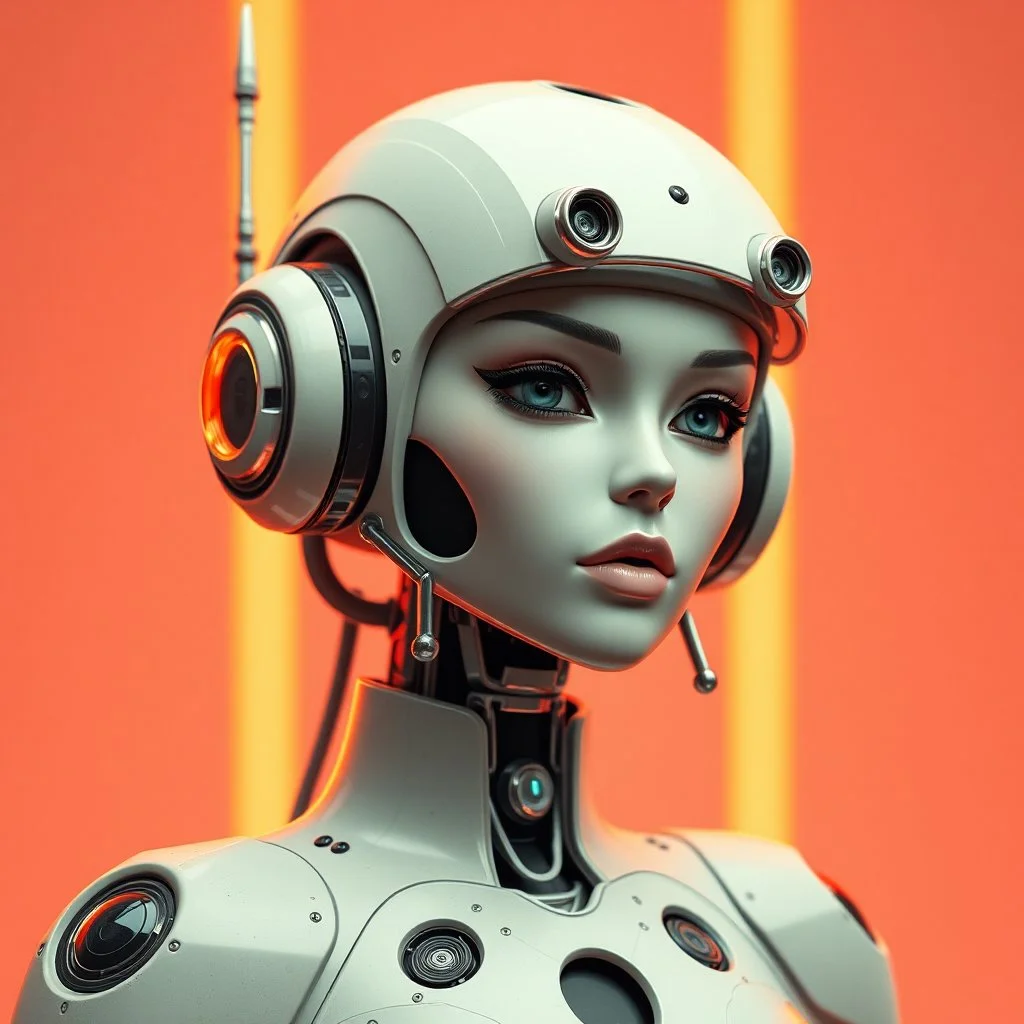 a retro-futuristic feminine android robot, space age, dystopia, stylised, digital art, 3d render