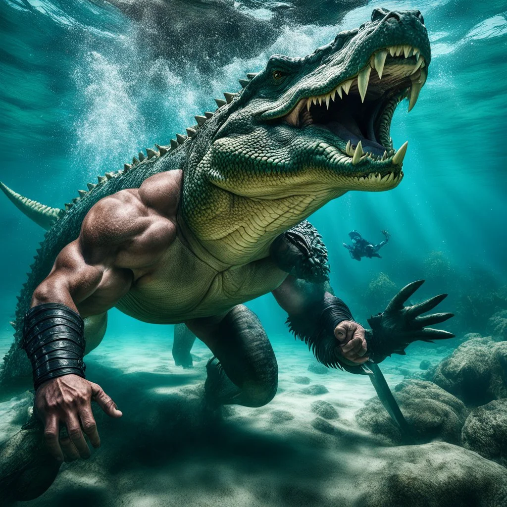 realistic high res underwater photo of a muscular warrior fighting bare hands with a giant crocodile : he grabs the crocodile by the neck.