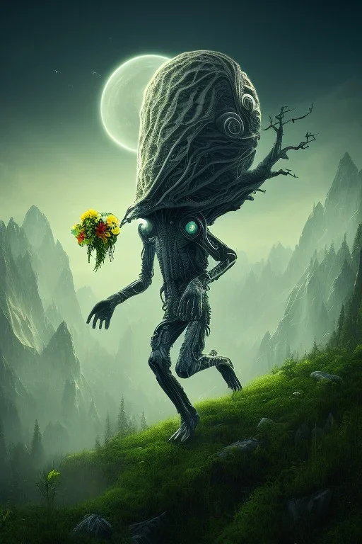 running alien portrait , black jogging suite , in the night Alps , holding leaves and flowers , angels background, volumetric light, high detail, dark leaf tree, dark mountains in background, perfect, HR Giger style