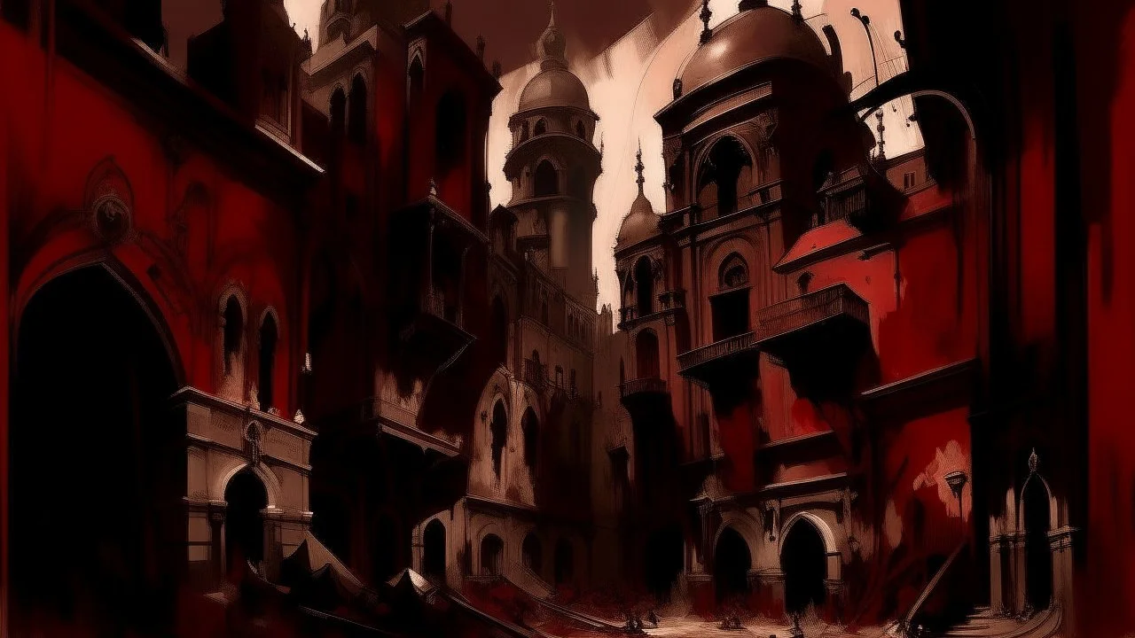 A very dark red city made out of jazz instruments painted by John Singer Sargent