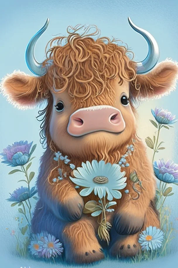 Adorable cute happy baby scottish highland cow with dreamy eyes, sitting down and holding a flower, nursery art, very rendered polished Perfect, smooth edges, flawless Facial Features, Stunning, Whimsical Fantasy, Cute, Highly Detailed, Well Rendered, cartoon, illustration