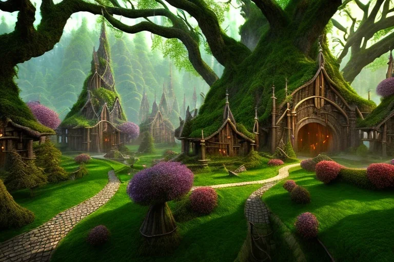 Immersive​ fantasy elven town city in the deep forest with ancient elder tree beautiful blossom nature river 4k full hd