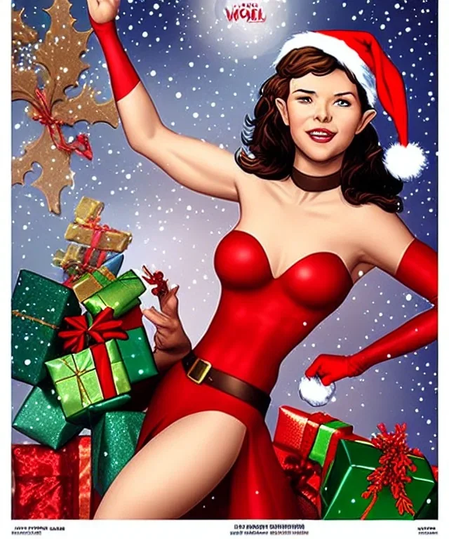 woman elve. Christmas scene. poster. marvel comic. low-key