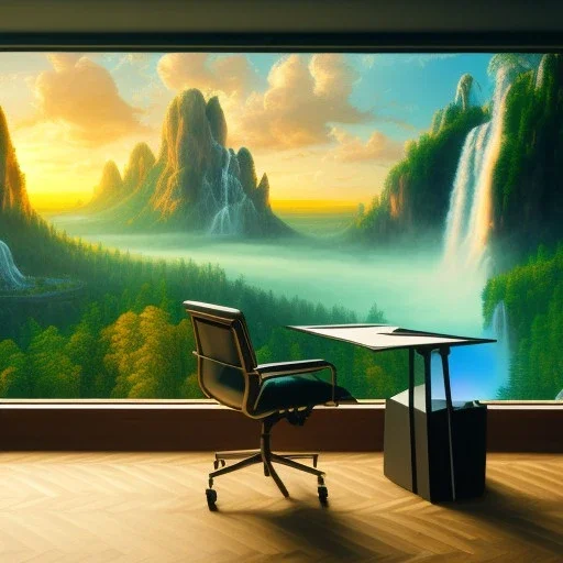 desk, parquet, sheet of paper, little pen, office chair in front of a huge picture window with large view on a waterfall with warm light, sunset ,pixar style, panorama, nature, globe, HD, Hallelujah mountains, view first person