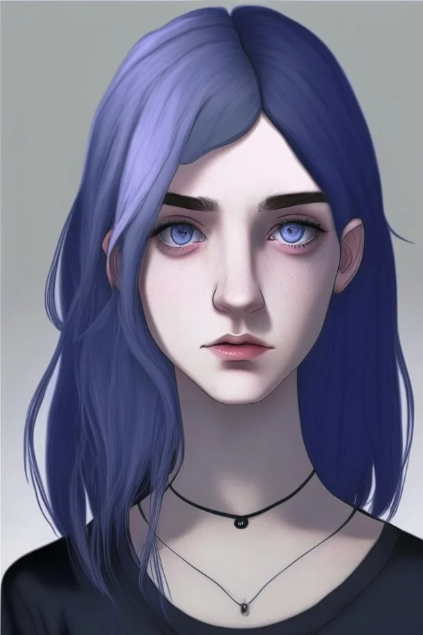 Realistic female teenager with pale skin, big grey eyes, blue and purple shoulder length hair, angular facial features, round face, prominent collarbones, black clothing