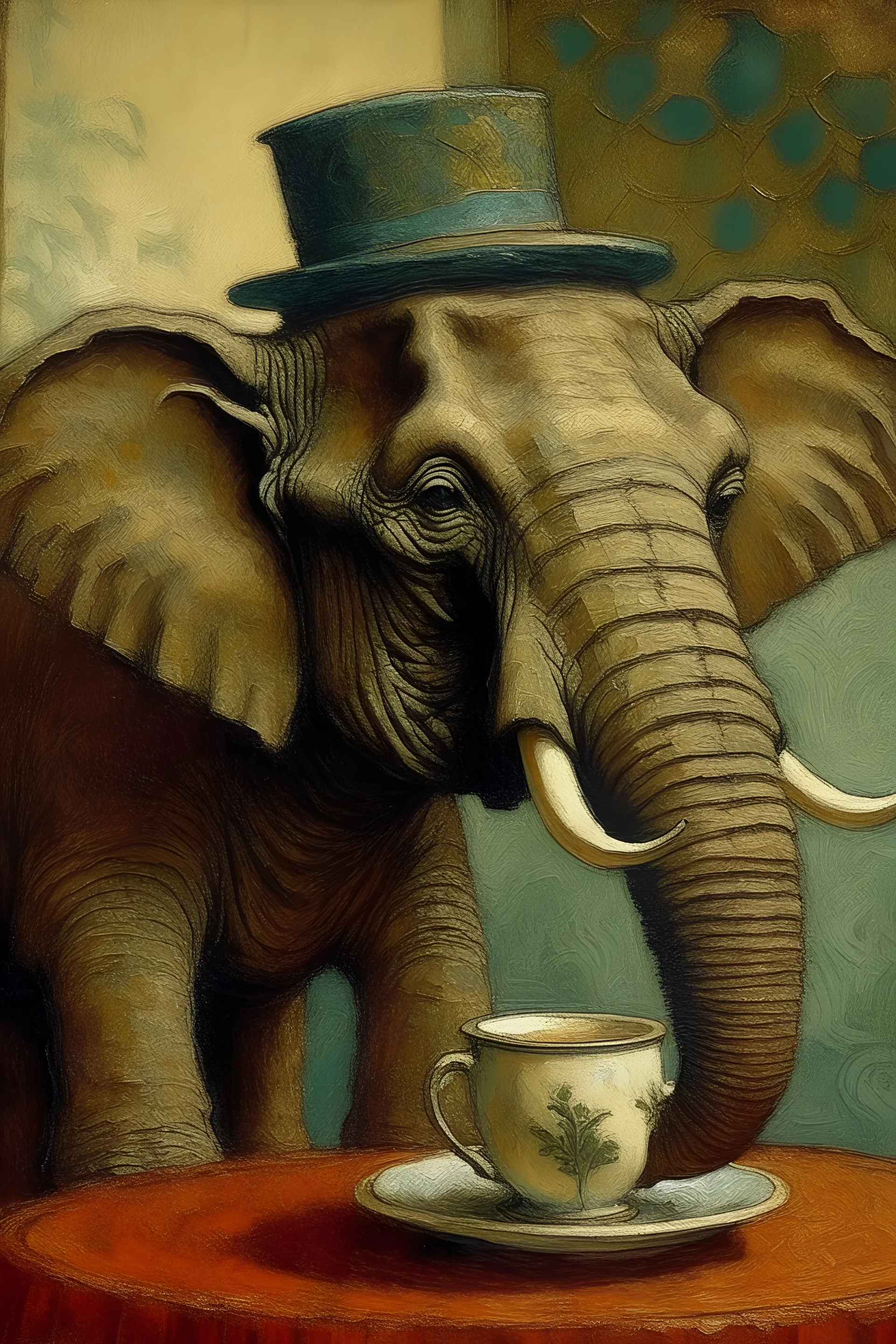 Portrait of an elephant during coffe drinking by van gogh