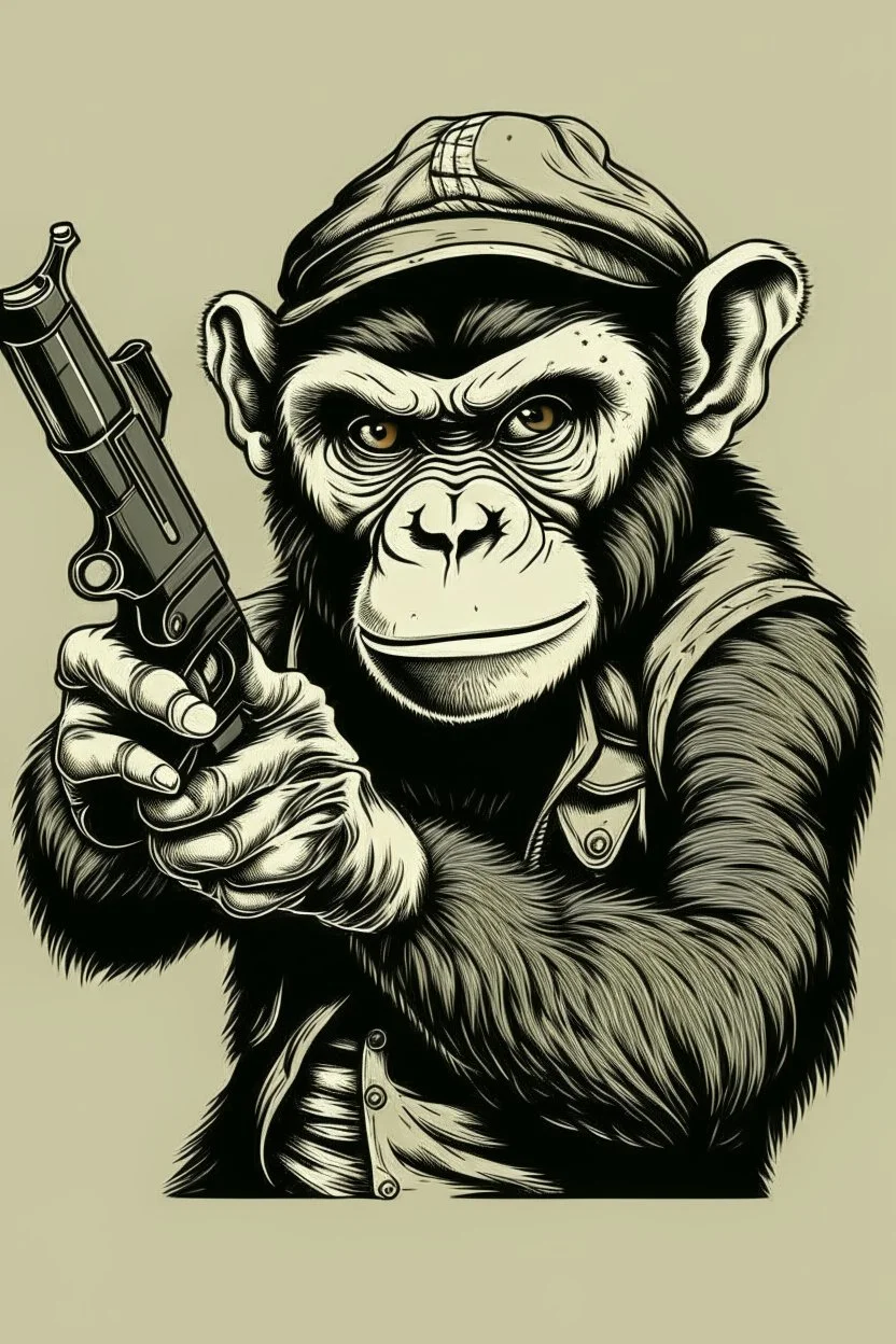 Monkey with gun in hand. Show me this in acid style.