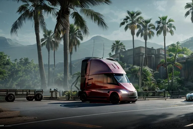 A Tesla 'Semi' (semi truck) is parked, on the 'Jurassic Park' island. (CINEMATIC, WIDE ANGLE LENS, PHOTO REAL)