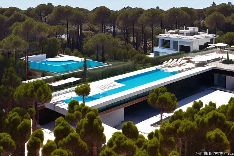 algarve in quinta do lago, one straight line building of two floors on a slope of pine trees, with a 250 meters long pool on the rooftop building, modernistic luxury architecture with wood and gold metallic pergolas with pool on rooftop, on a slope with pinus pinea, a road wrap around for low speed veicular road